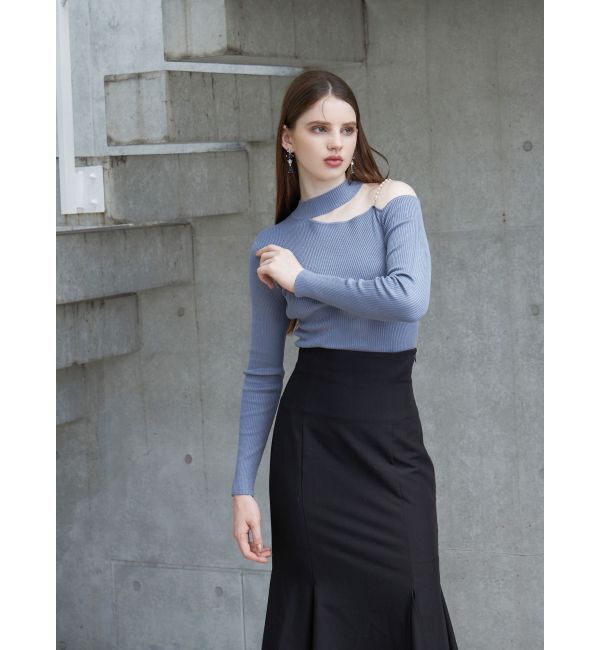 MERCURYDUO「ショルダーパールチェーンロングスリーブニット」|ニット・セーター|