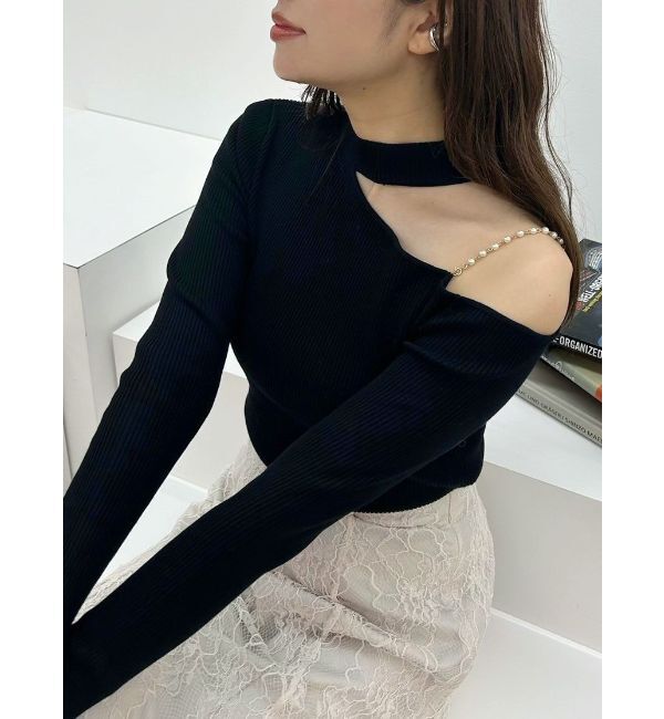 MERCURYDUO「ショルダーパールチェーンロングスリーブニット」|ニット・セーター|ブラック