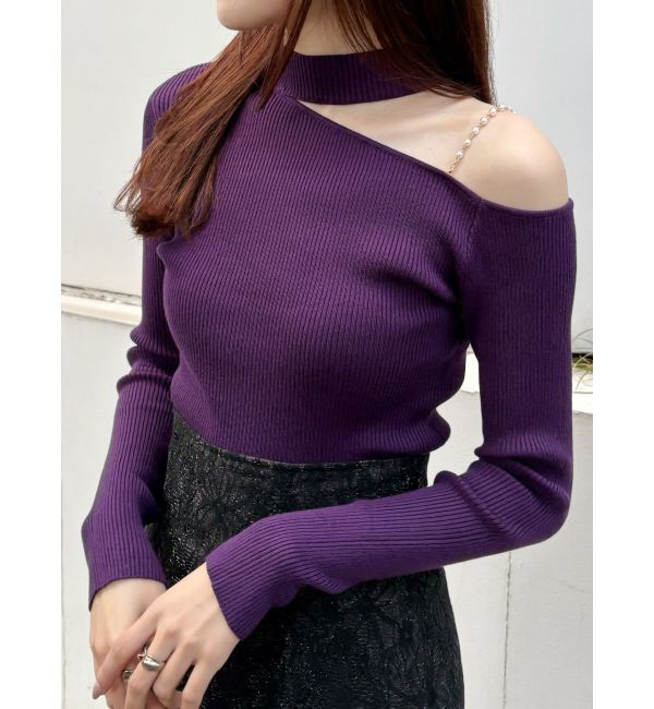 MERCURYDUO「ショルダーパールチェーンロングスリーブニット」|ニット・セーター|パープル