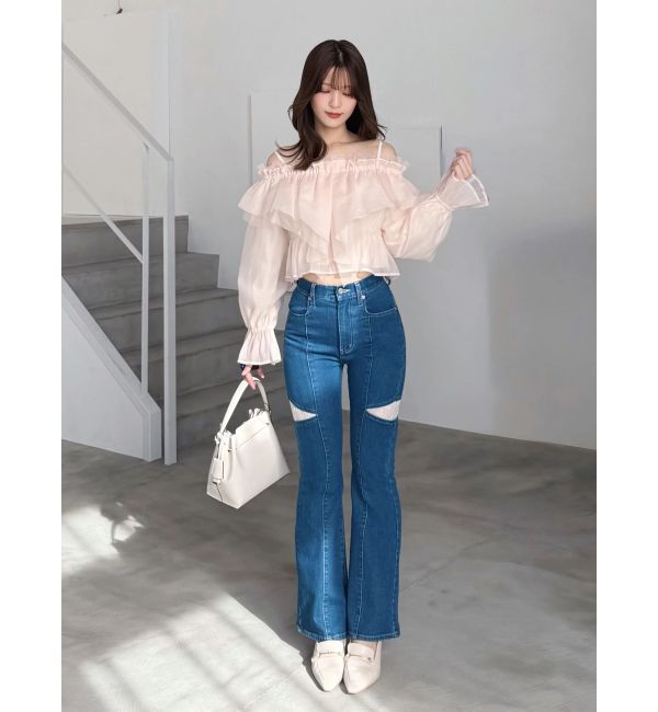 MERCURYDUO「レーストリミングカットアウトデニムパンツ」|デニム|