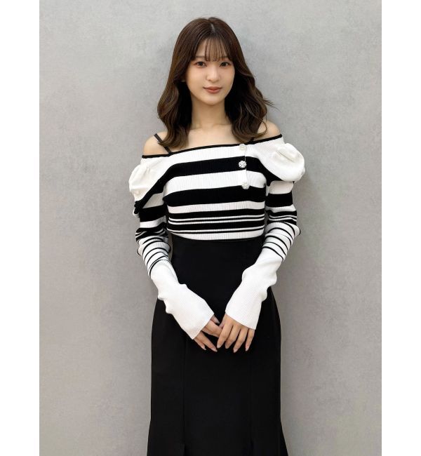 MERCURYDUO「サイドビジューボタンパフスリーブニット」|ニット・セーター|