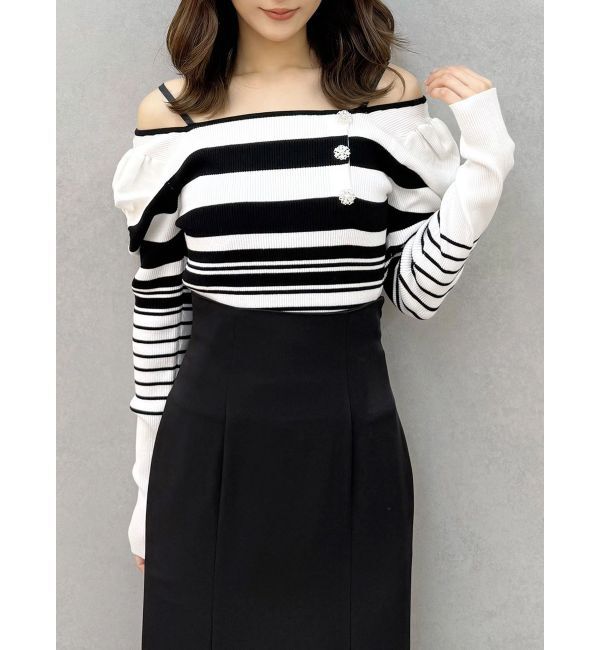 MERCURYDUO「サイドビジューボタンパフスリーブニット」|ニット・セーター|