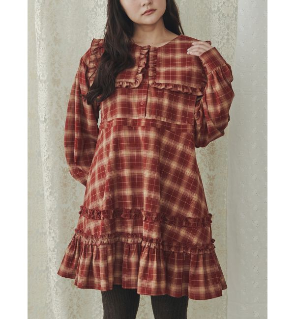merry jenny「checkスクエアカラーミニワンピース」|ワンピース|レッド