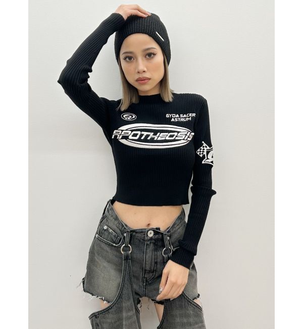 GYDA「レーサーデザインembroideryニットトップス」|ニット・セーター|ブラック