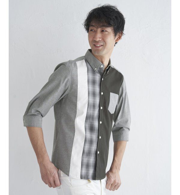 ikka「7分袖オックスブロックスチェック切り替えシャツ」|シャツ・ブラウス|