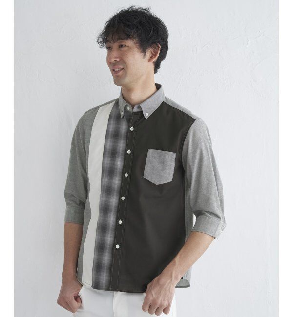 ikka「7分袖オックスブロックスチェック切り替えシャツ」|シャツ・ブラウス|グレー