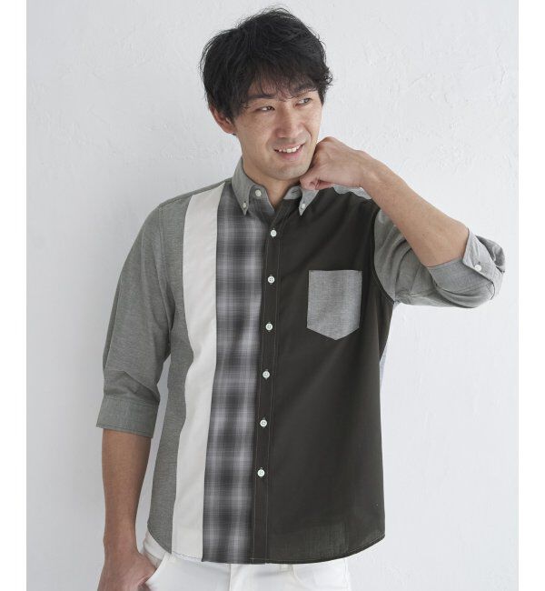 ikka「7分袖オックスブロックスチェック切り替えシャツ」|シャツ・ブラウス|
