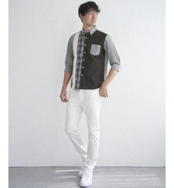 ikka「7分袖オックスブロックスチェック切り替えシャツ」|シャツ・ブラウス|