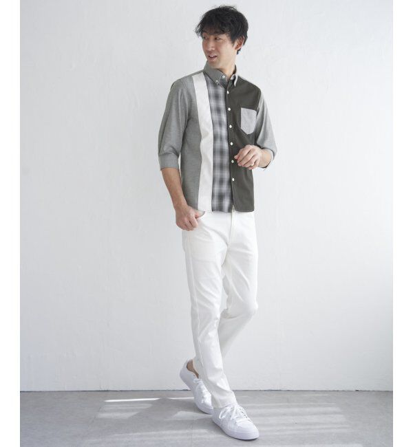 ikka「7分袖オックスブロックスチェック切り替えシャツ」|シャツ・ブラウス|