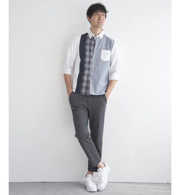ikka「7分袖オックスブロックスチェック切り替えシャツ」|シャツ・ブラウス|