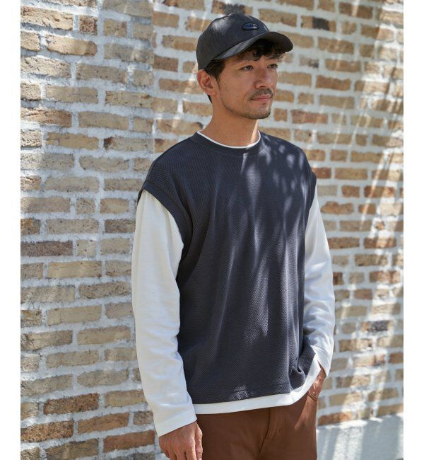 ikka「モール鹿の子フェイクベストロンT」|Tシャツ・カットソー|ネイビーブルー