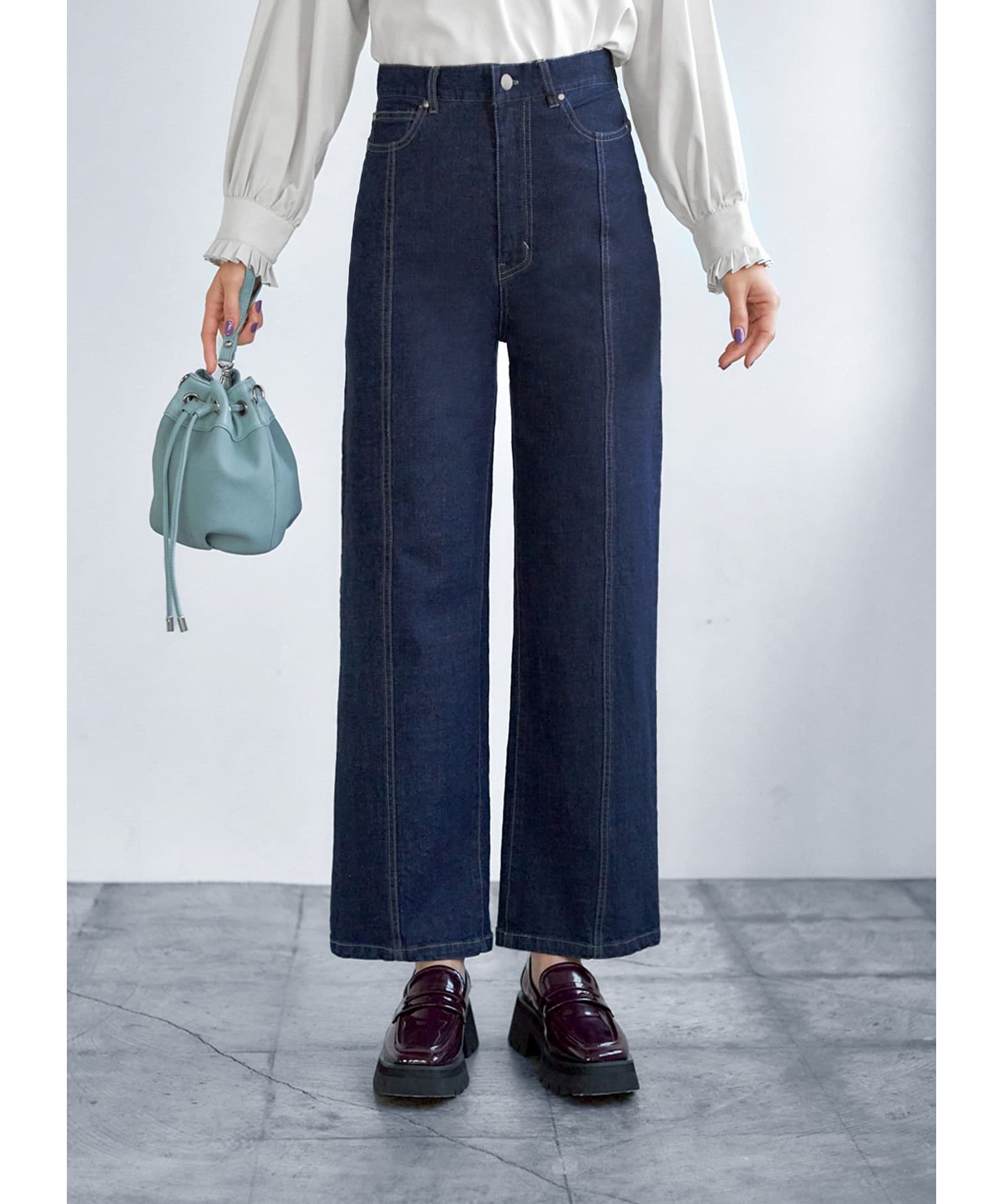STYLE DELI「ハイウエストデニムワイドパンツ」|デニム|ネイビー