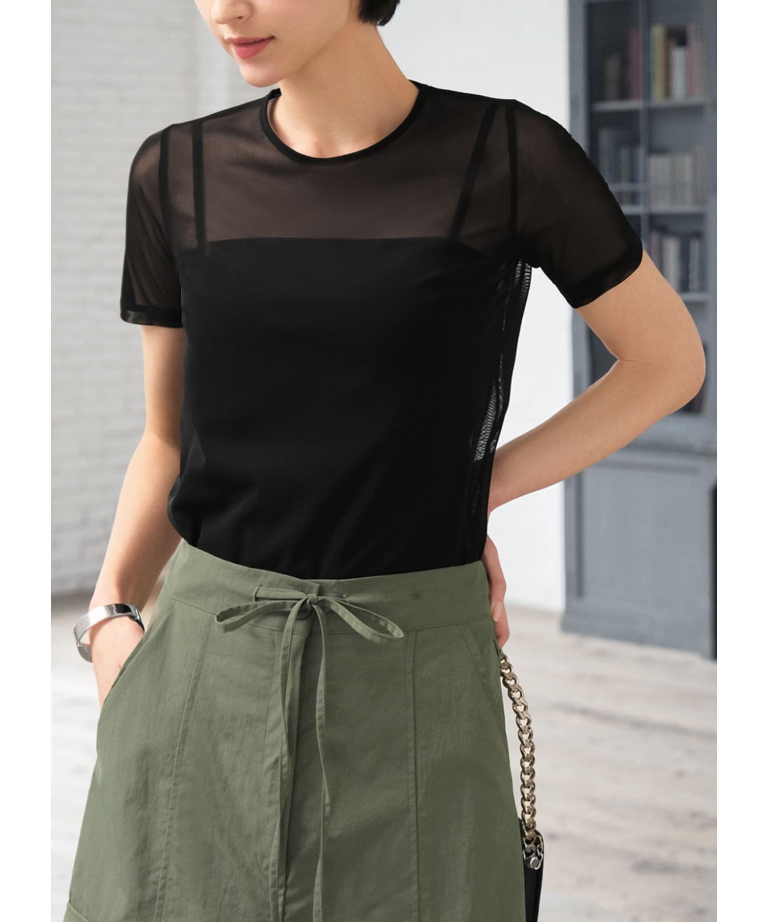 STYLE DELI「シアーインナー半袖トップス」|Tシャツ・カットソー|ブラック