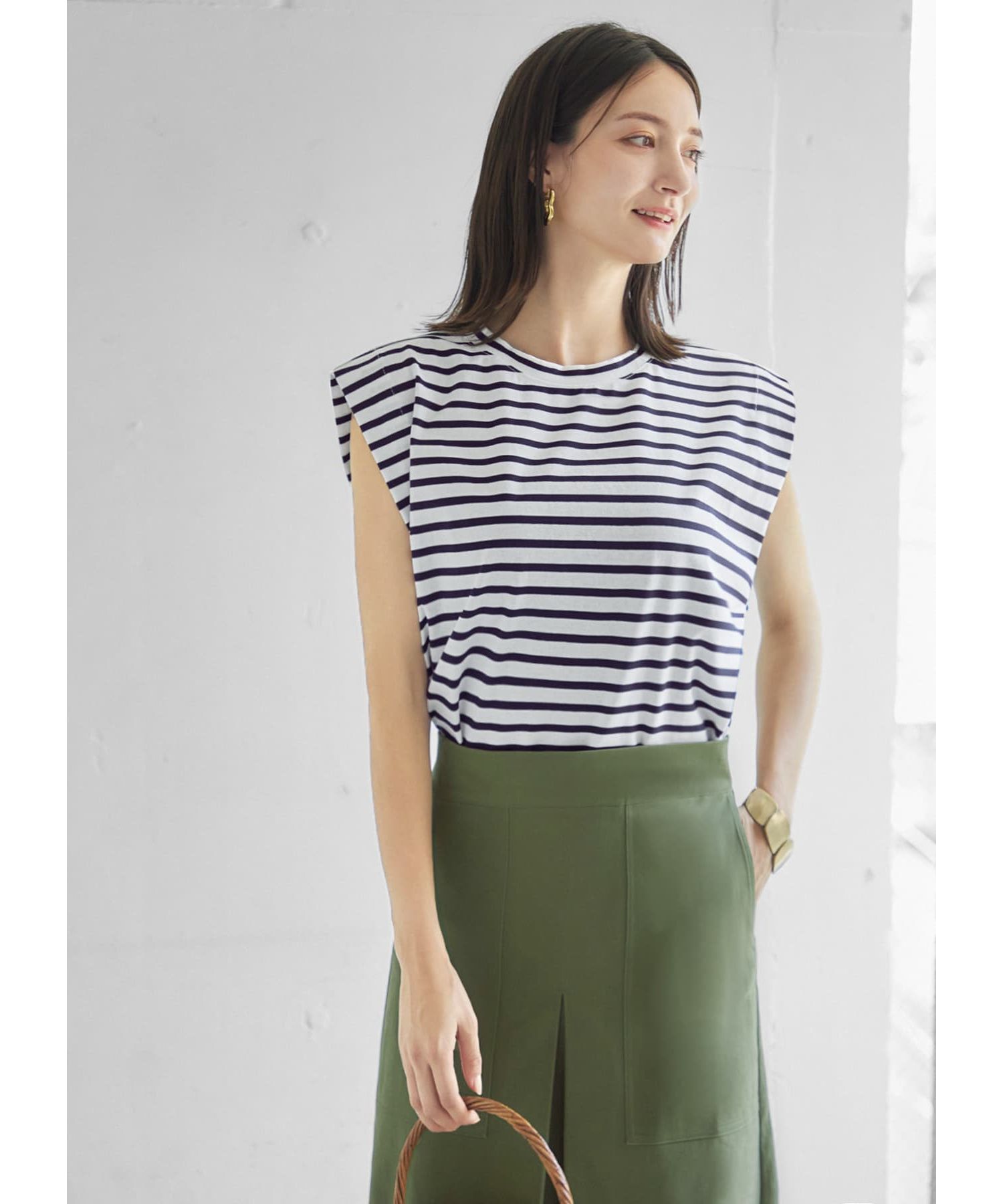 STYLE DELI「台形フォルムボーダー柄カットソートップス」|Tシャツ・カットソー|ネイビー