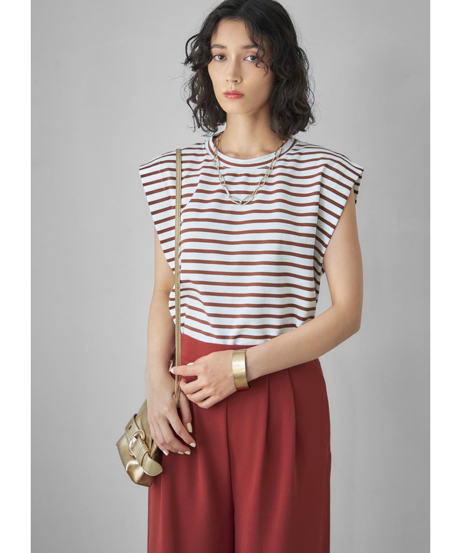 STYLE DELI「台形フォルムボーダー柄カットソートップス」|Tシャツ・カットソー|ブラウン