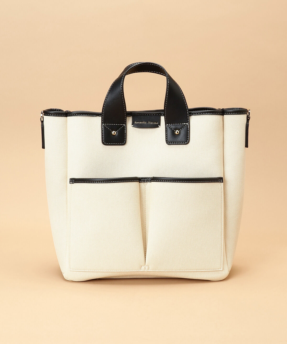 Samantha Thavasa「キャンバスデザイン 合皮スクエアトートバッグ 大サイズ」|トートバッグ|オフホワイト