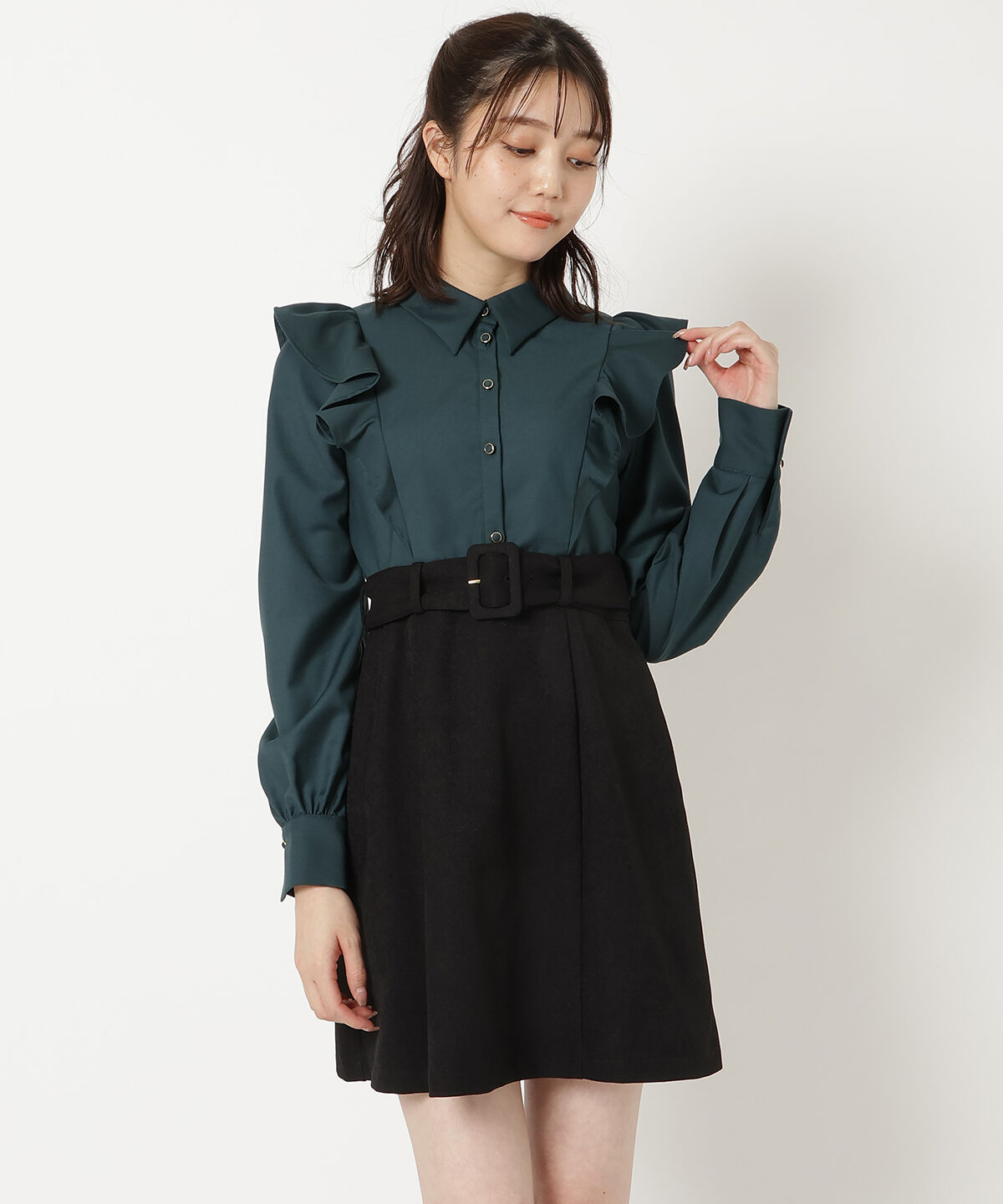 REDYAZEL「フリルシャツドッキングワンピース」|ワンピース|ﾀﾞｰｸｸﾞﾘｰﾝ