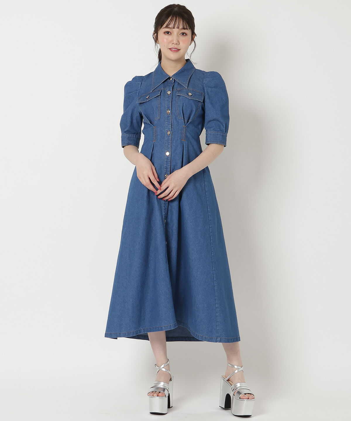 REDYAZEL「デニムポケットパワショルロングワンピース」|ワンピース|ブルー