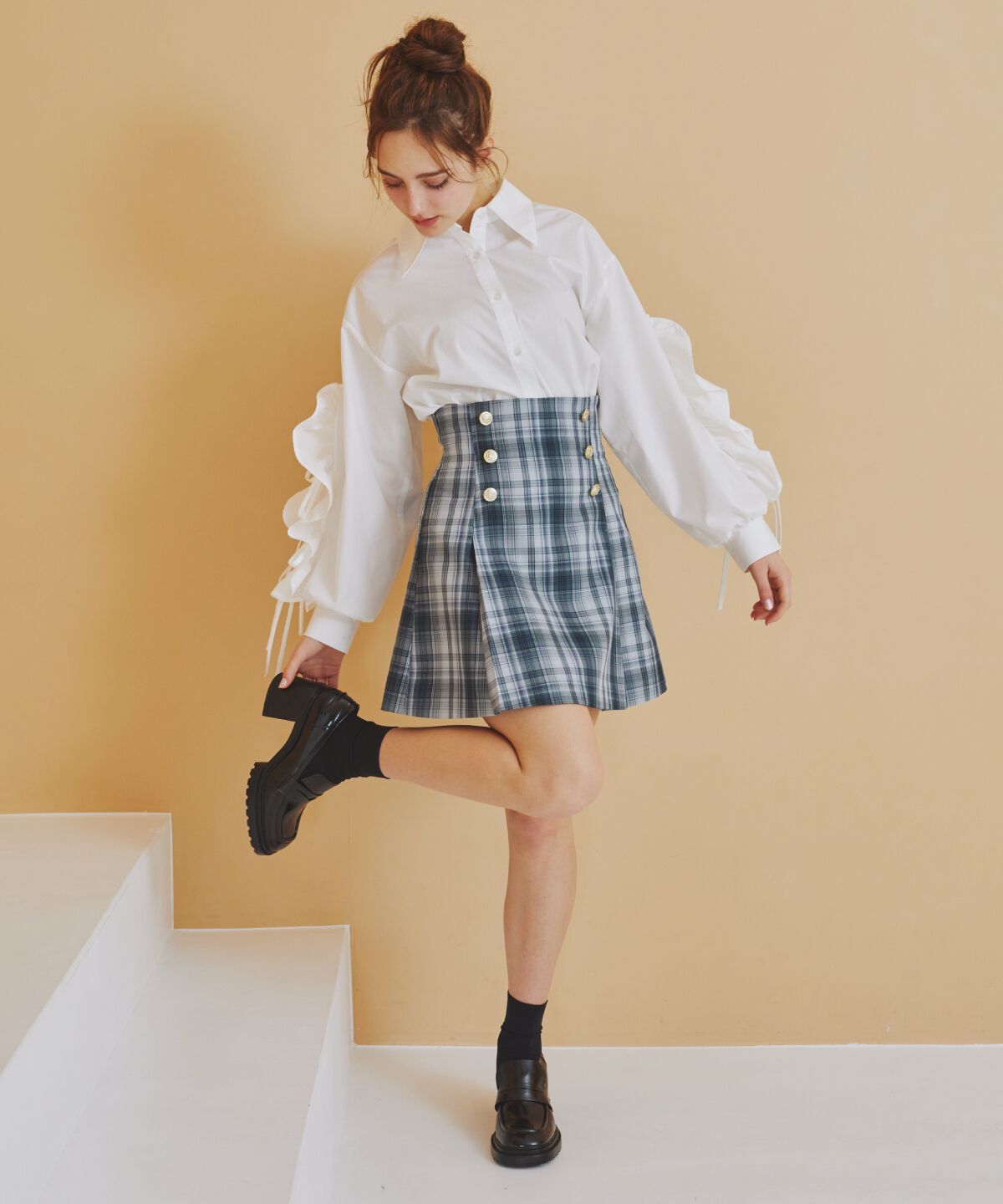 REDYAZEL「ダブルボタンチェックミニスカート」|フレア|