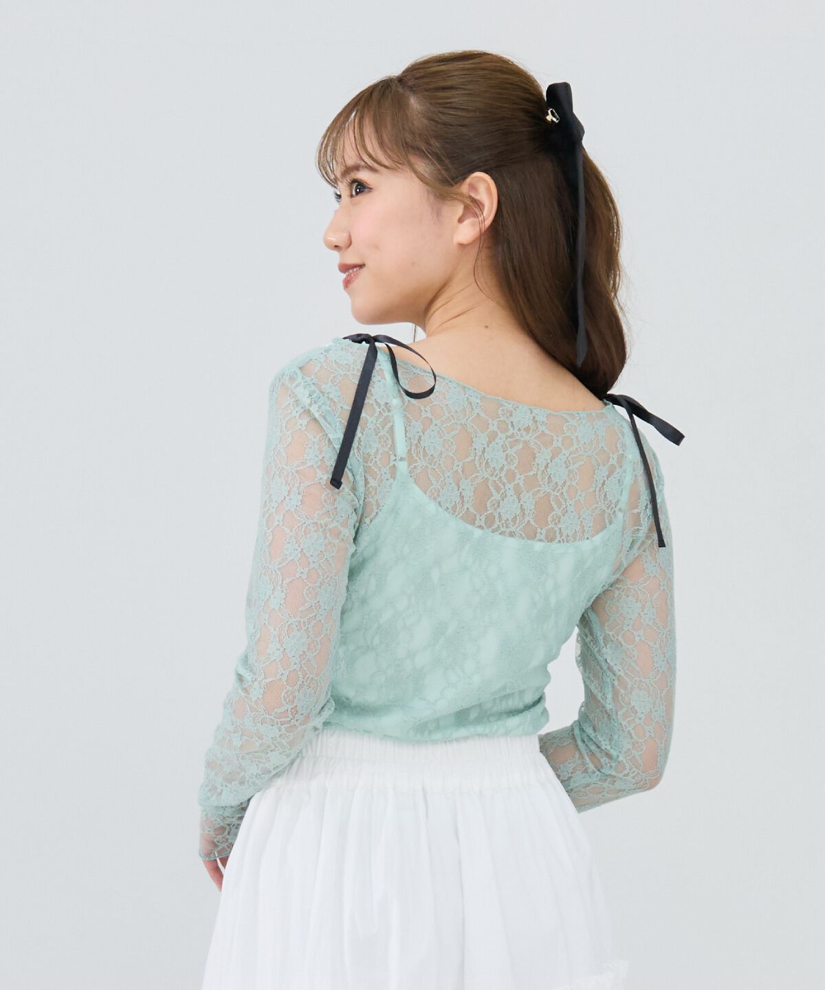 REDYAZEL「サテンリボンショルダーレーストップス」|Tシャツ・カットソー|