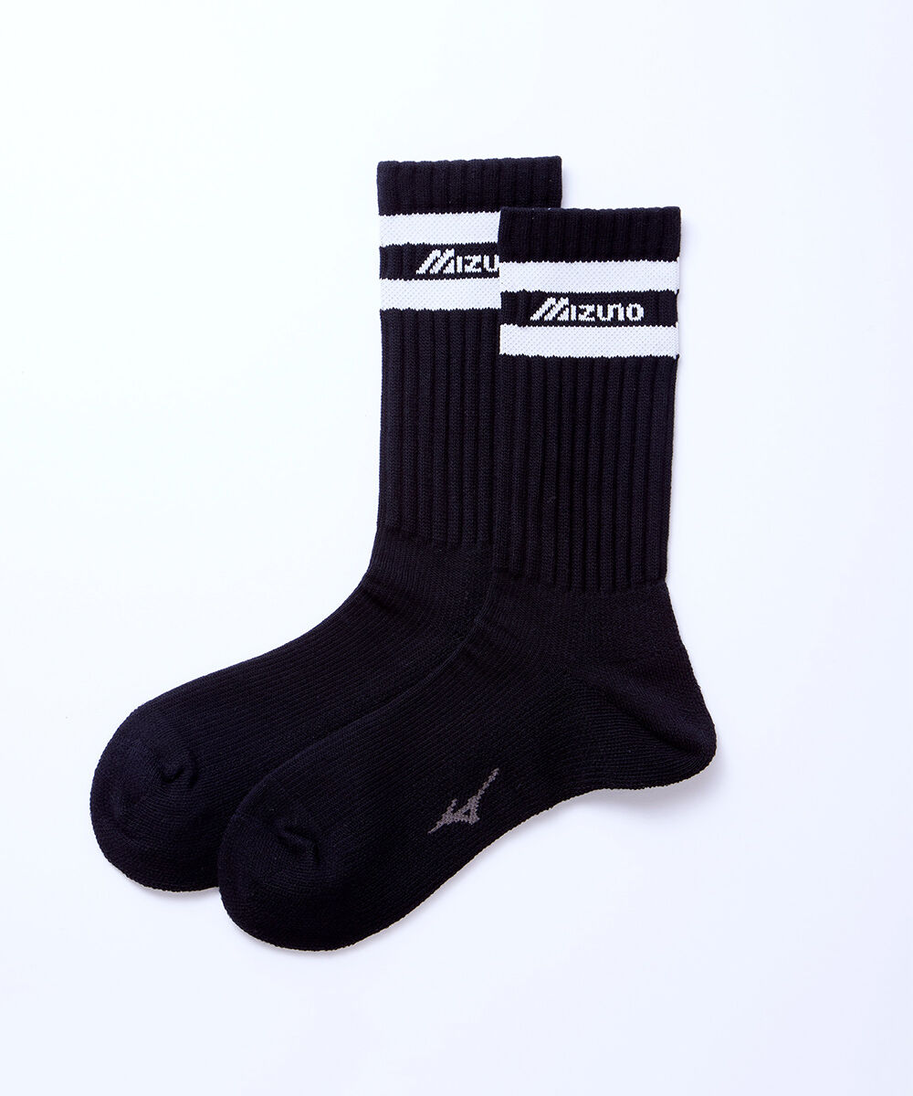 MIZUNO「ドライベクター薄手パイルレギュラーソックス ロゴ＋ライン」|ソックス|ブラック