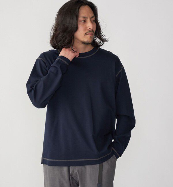 SHIPS「SHIPS: ハニカム メッシュ カラーステッチ 長袖 Tシャツ」|Tシャツ・カットソー|ネイビー