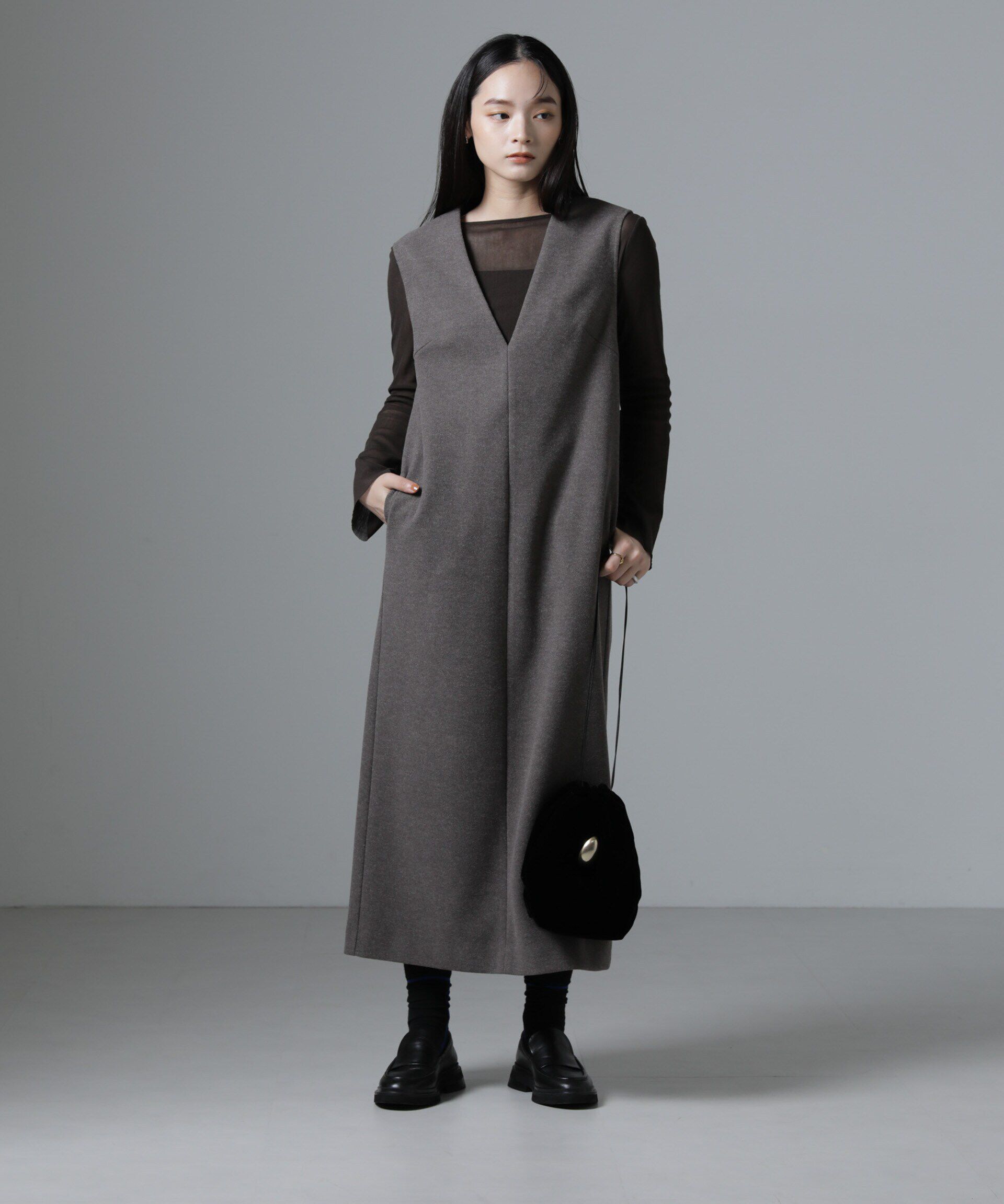 nano･universe「ジャージーメルトンVネックIラインワンピース（セットアップ可）」|ワンピース|モカ3