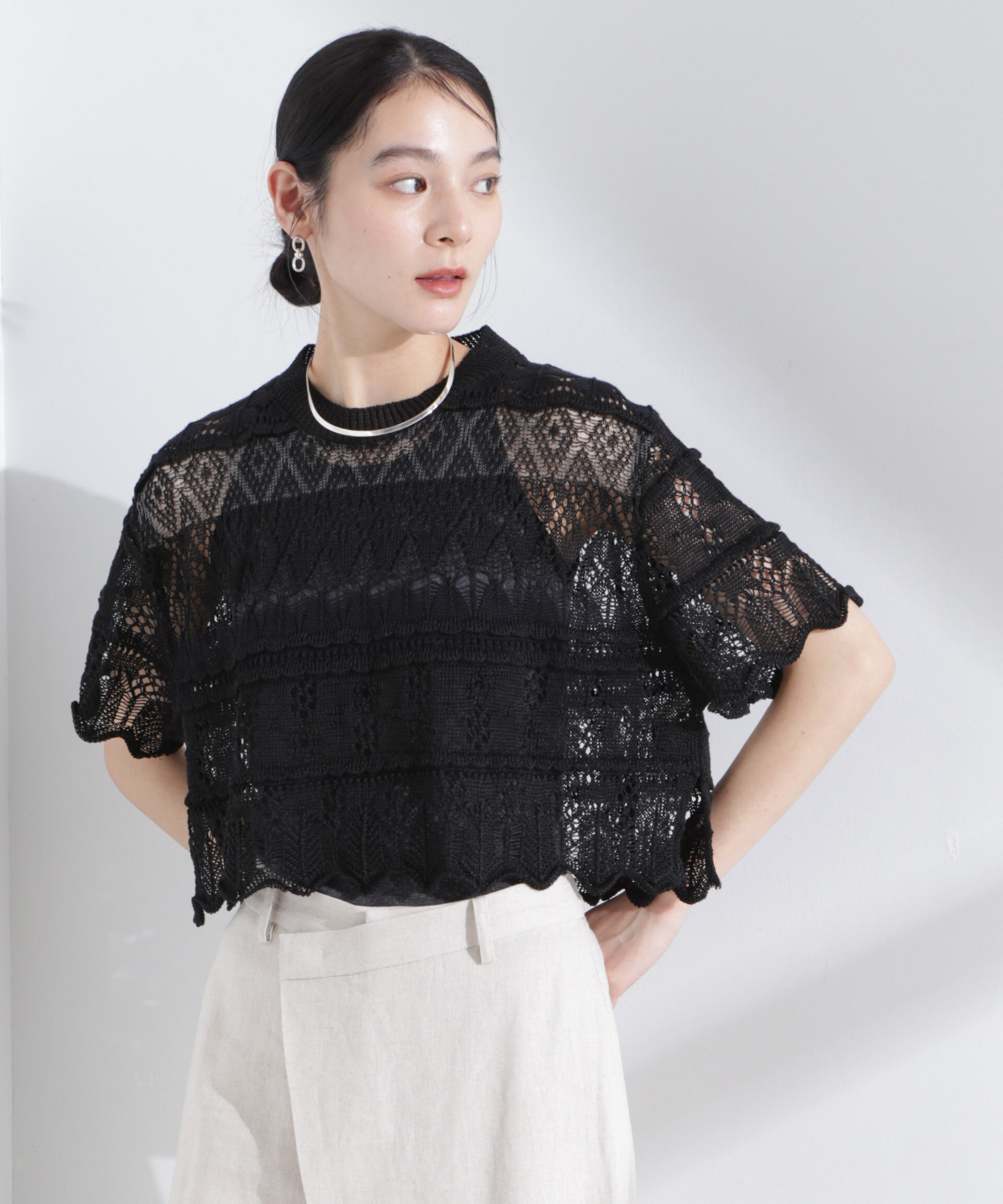 nano･universe「ODAKHA/crazy lace short knit」|ニット・セーター|ブラック