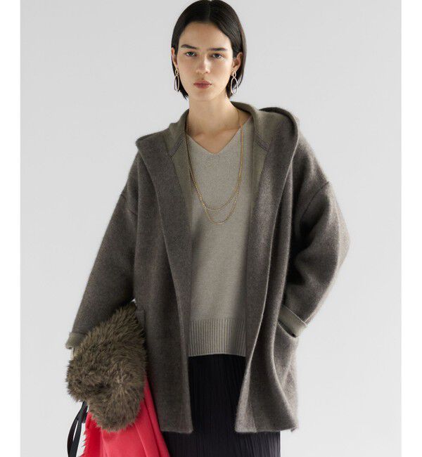 23区「【洗える】ラクーンブレンドダブルフェイス フーディー ニットカーディガン」|カーディガン|ブラウン系