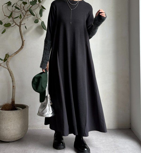  「【WEB限定】袖シャギー布帛切替ワンピース」|ワンピース|チャコールグレー