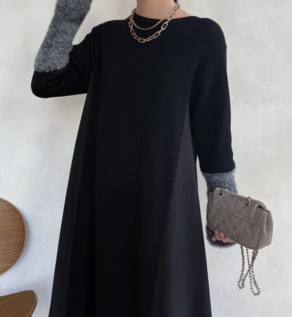  「【WEB限定】袖シャギー布帛切替ワンピース」|ワンピース|ブラック