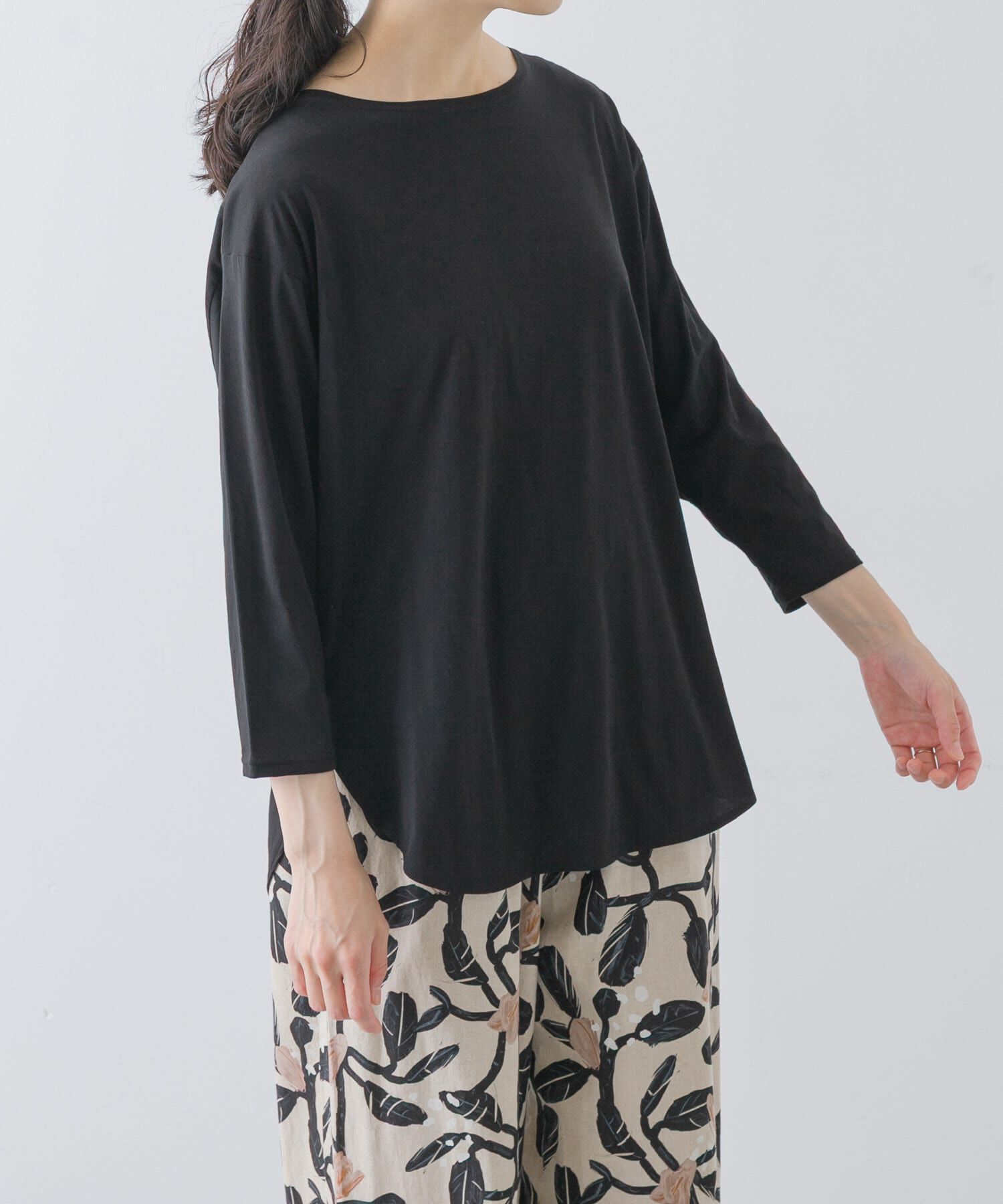 かぐれ「シフォン天竺7分袖カットソー」|Tシャツ・カットソー|ブラック