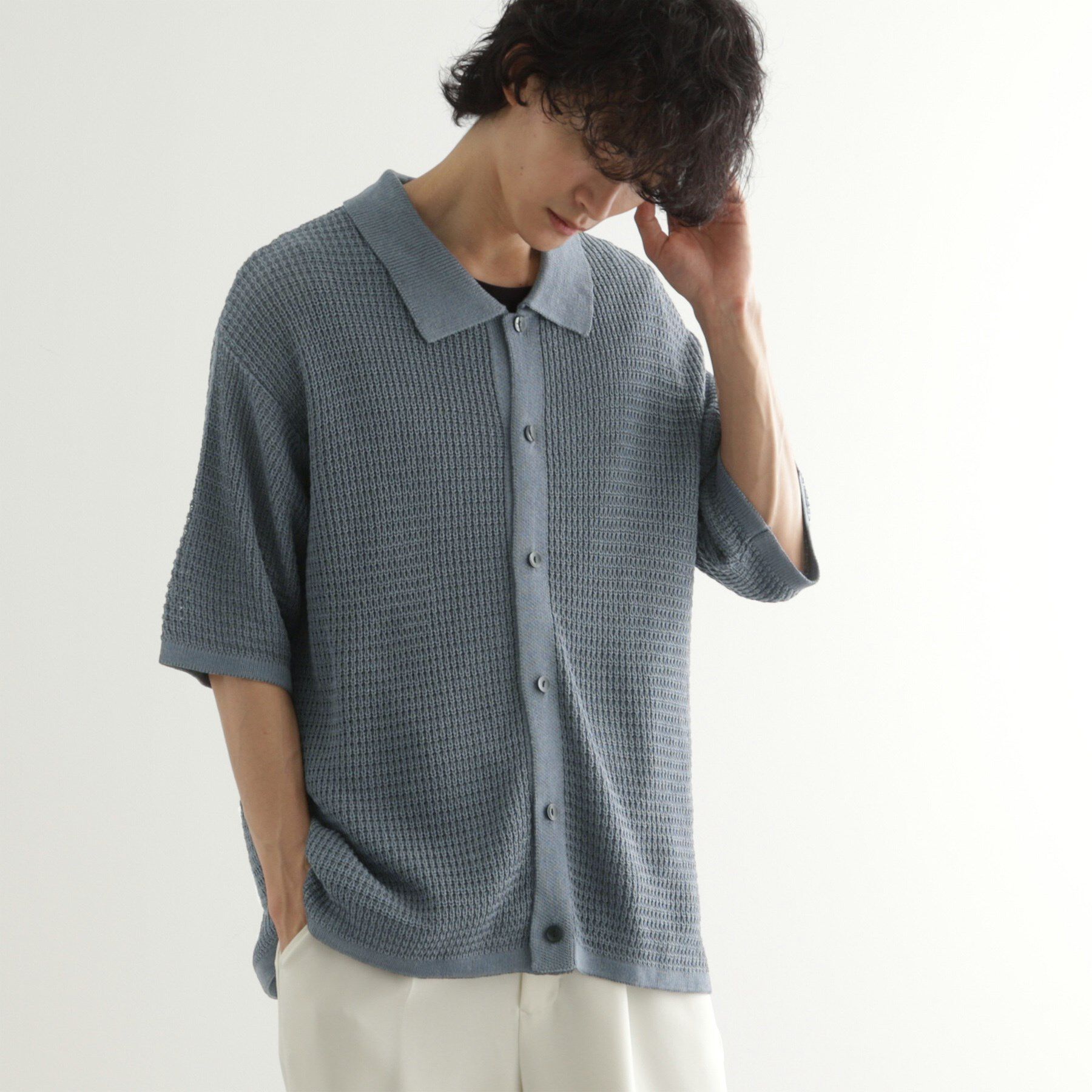 tk.TAKEO KIKUCHI「リネンライクニットポロシャツ」|ニット・セーター|ブルー(092)