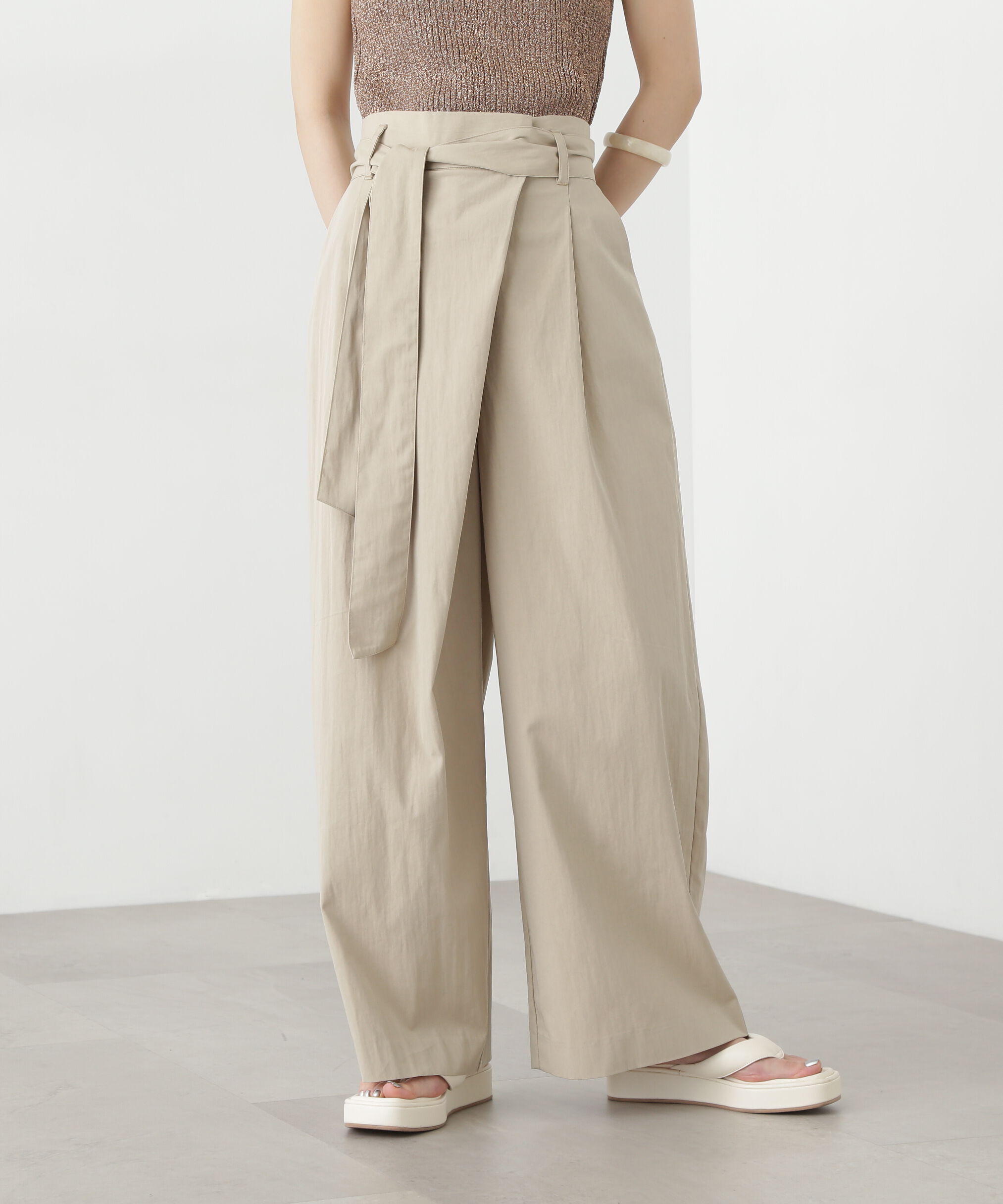  「ベルト付きラップ風ワイドパンツ」|その他|ベージュ