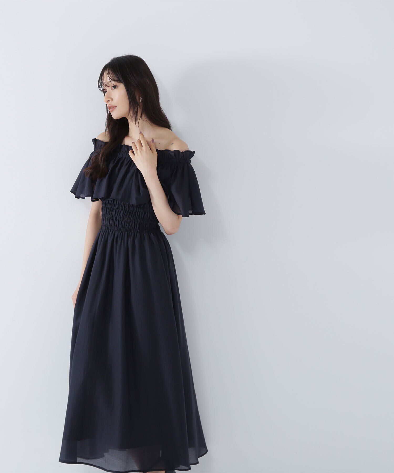  「シアーオフショルワンピース」|ワンピース|ネイビー