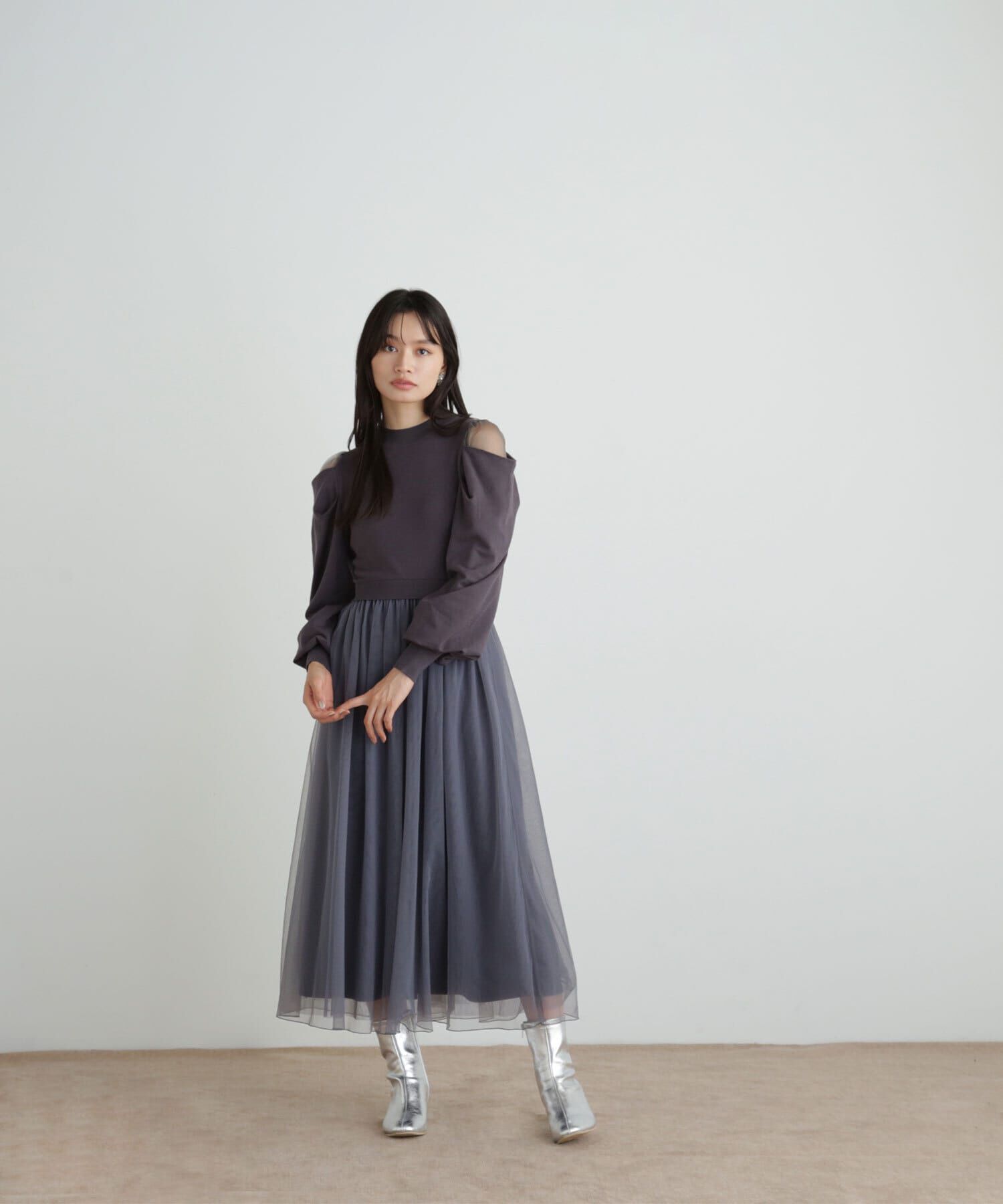  「ドレープスリーブドッキングニットワンピース」|ワンピース|