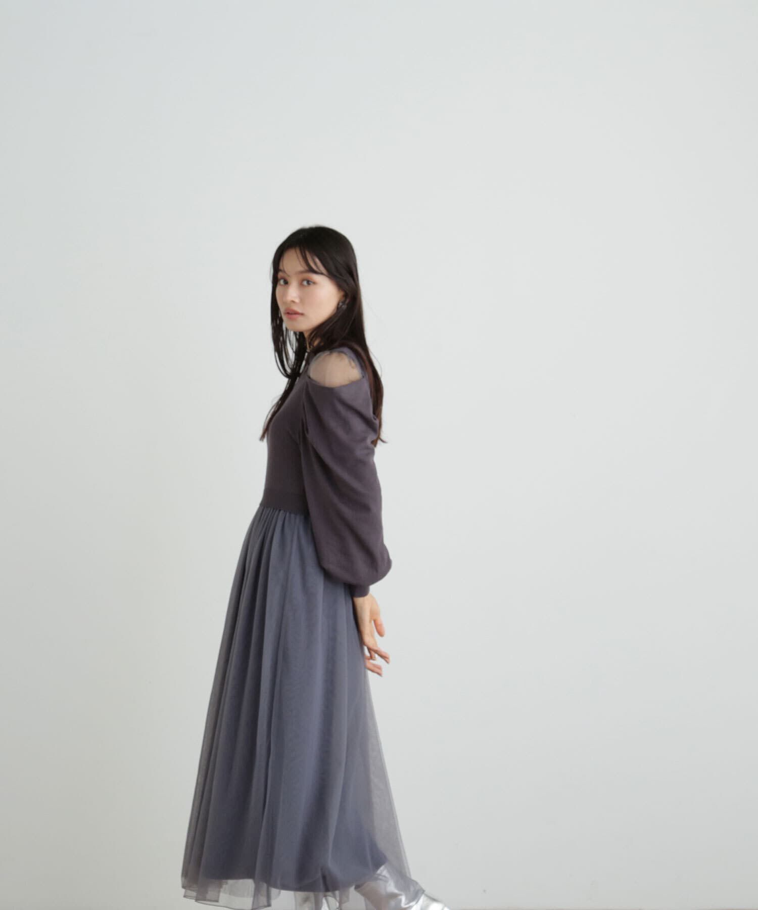  「ドレープスリーブドッキングニットワンピース」|ワンピース|