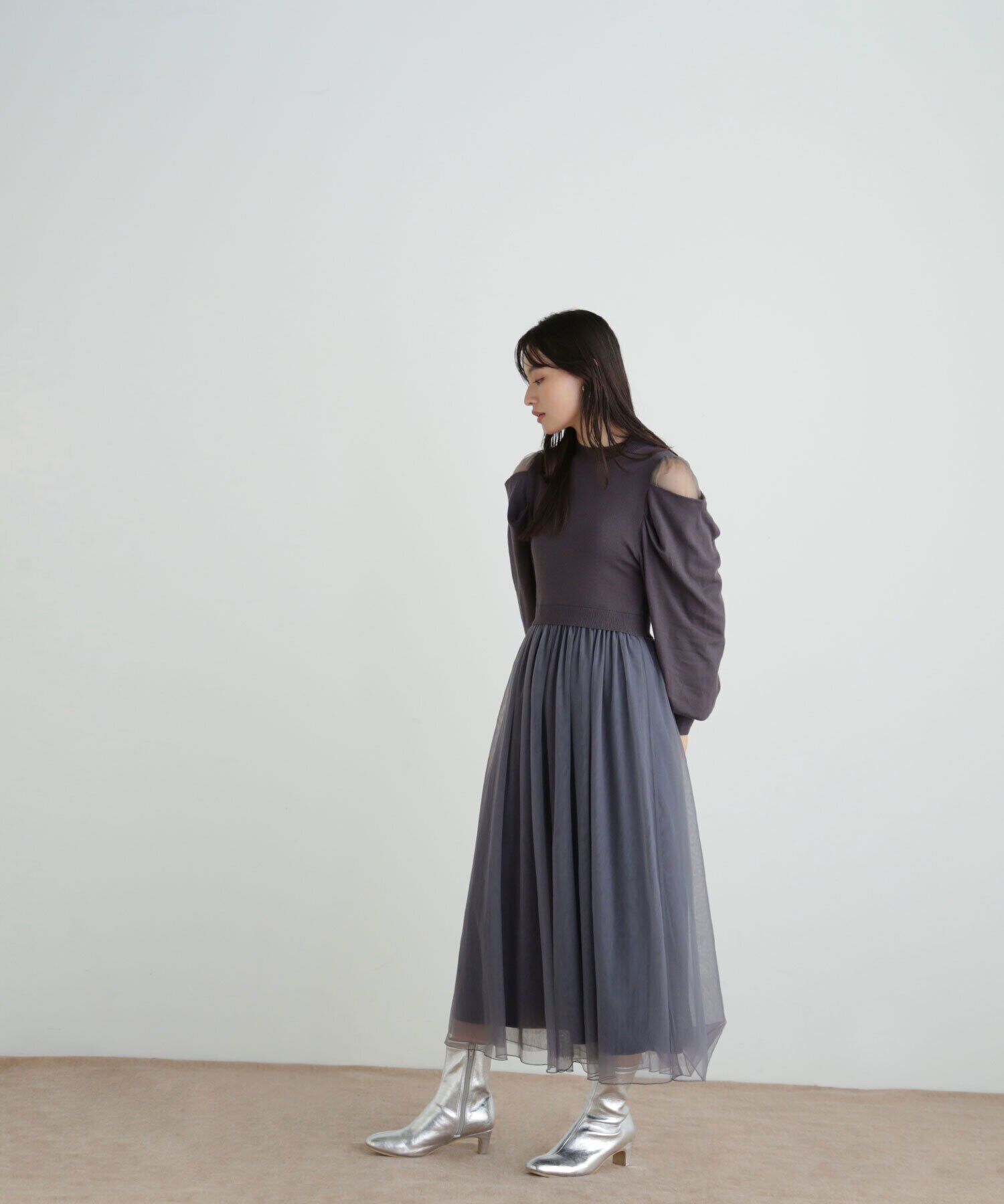  「ドレープスリーブドッキングニットワンピース」|ワンピース|