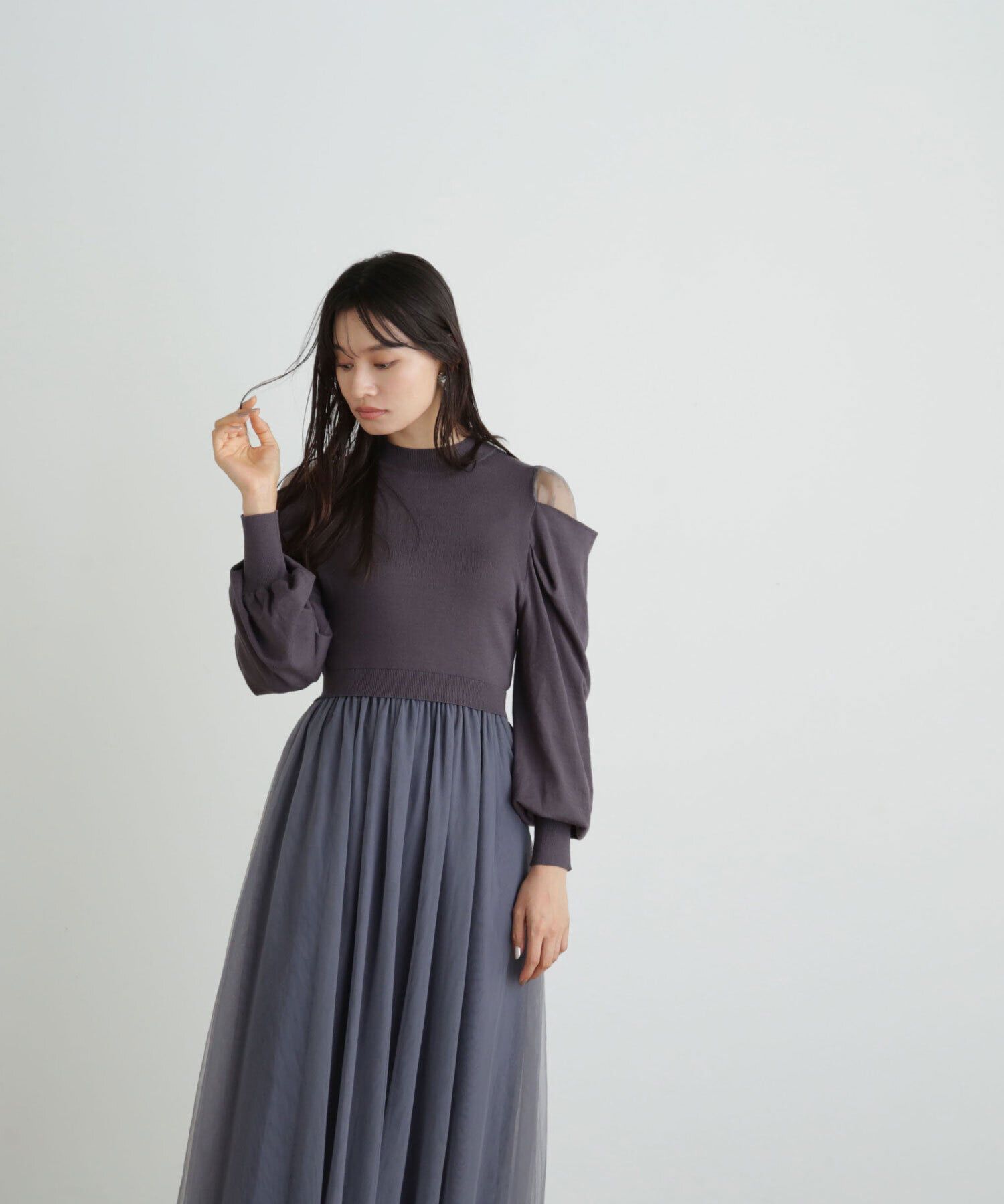  「ドレープスリーブドッキングニットワンピース」|ワンピース|