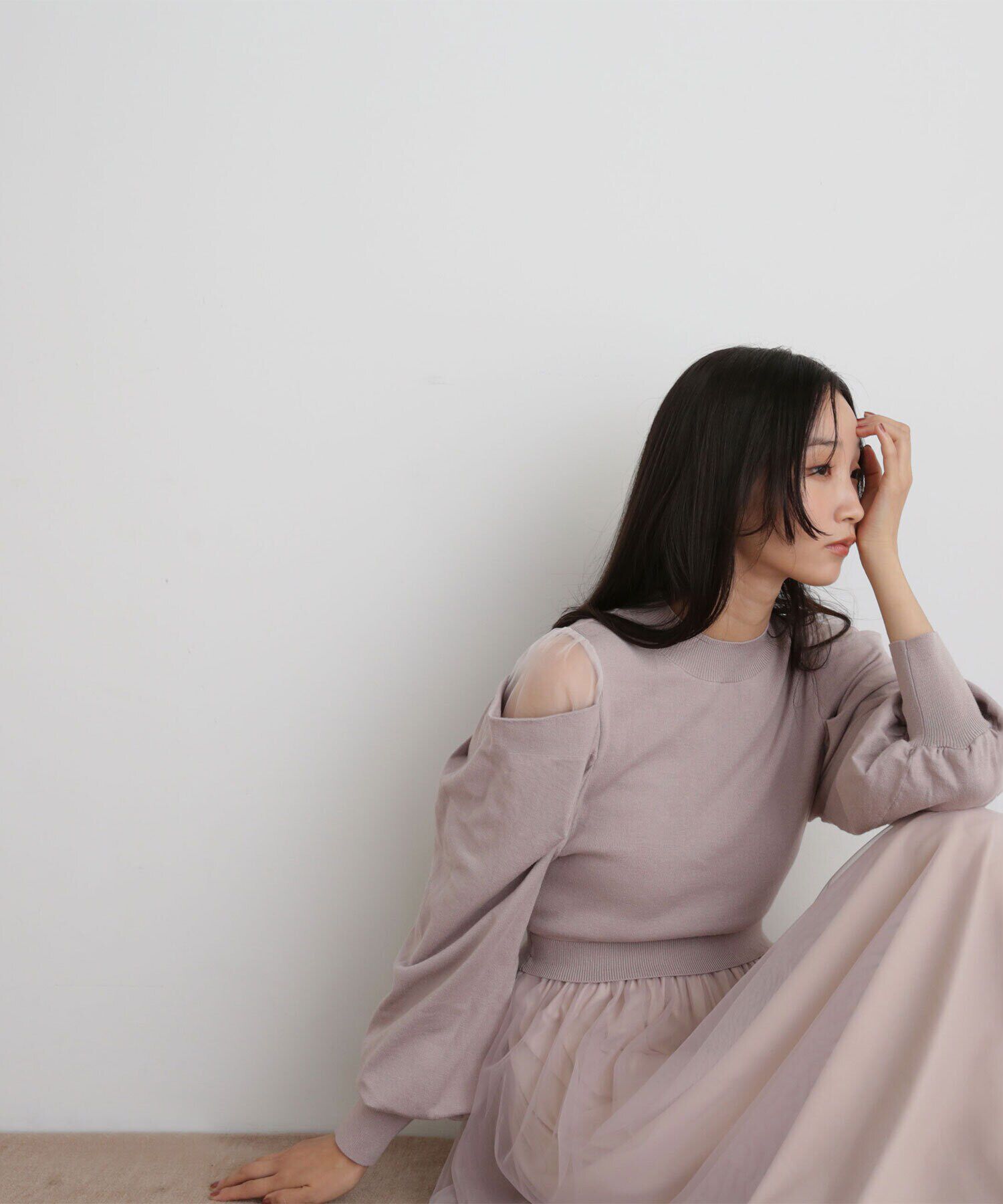  「ドレープスリーブドッキングニットワンピース」|ワンピース|ラベンダー