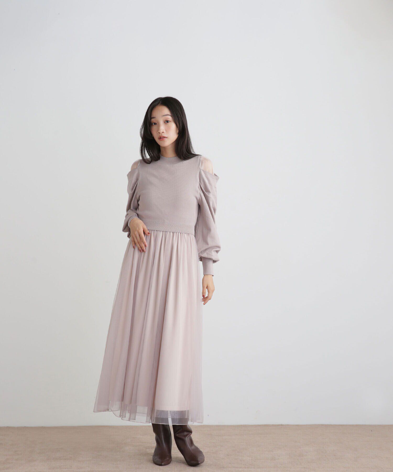  「ドレープスリーブドッキングニットワンピース」|ワンピース|