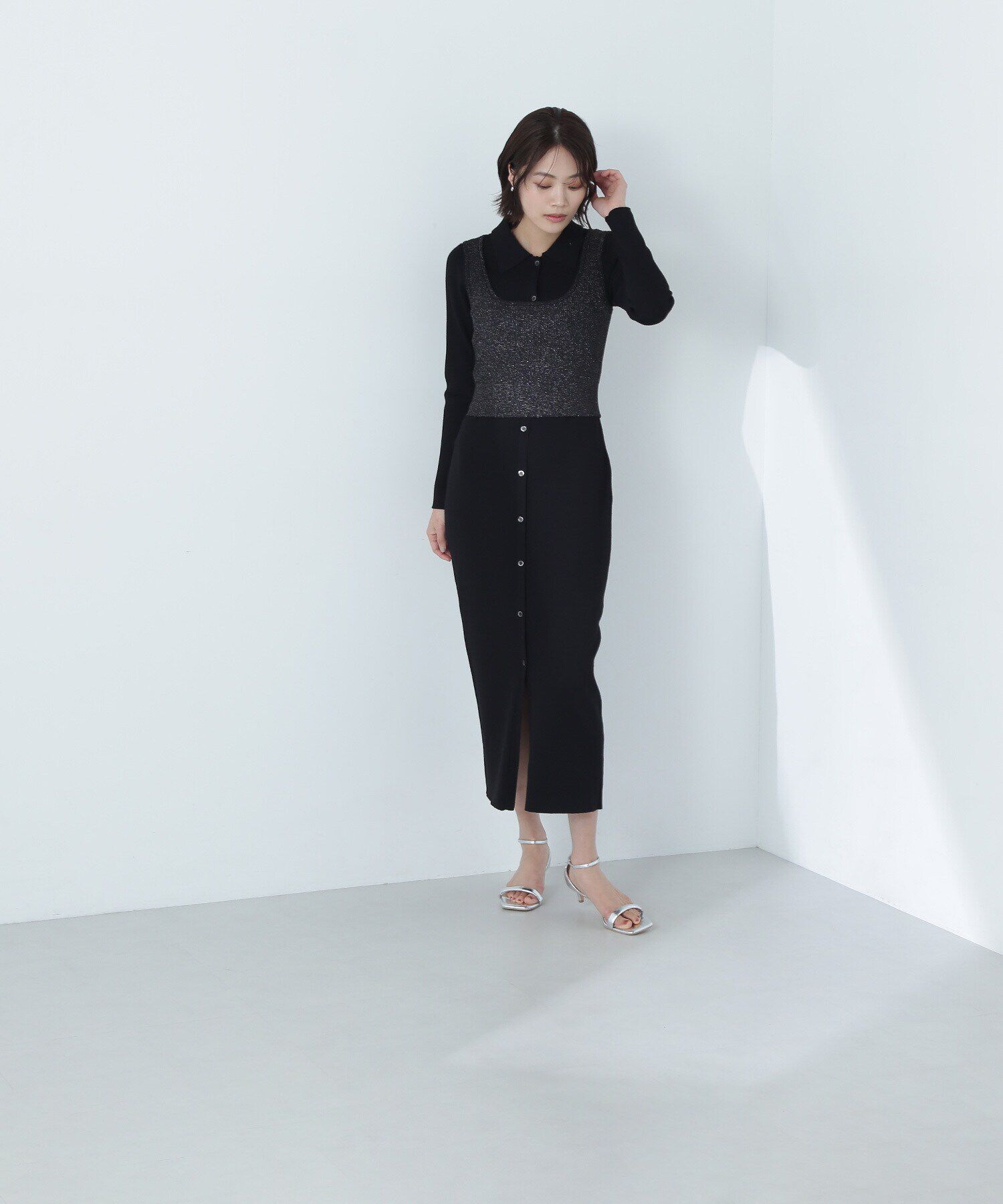  「ラメビスチェ＆ポロニットワンピース」|ワンピース|