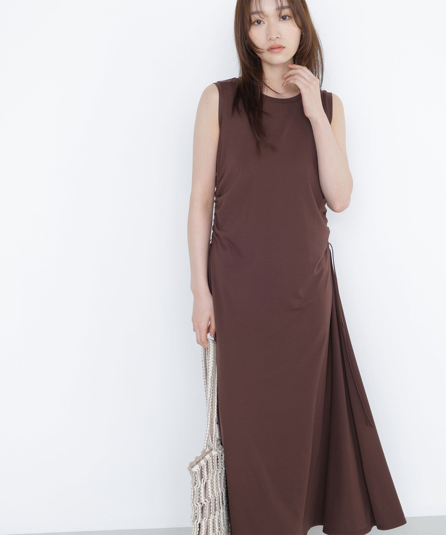  「サイドギャザーカットソーワンピース」|ワンピース|ブラウン
