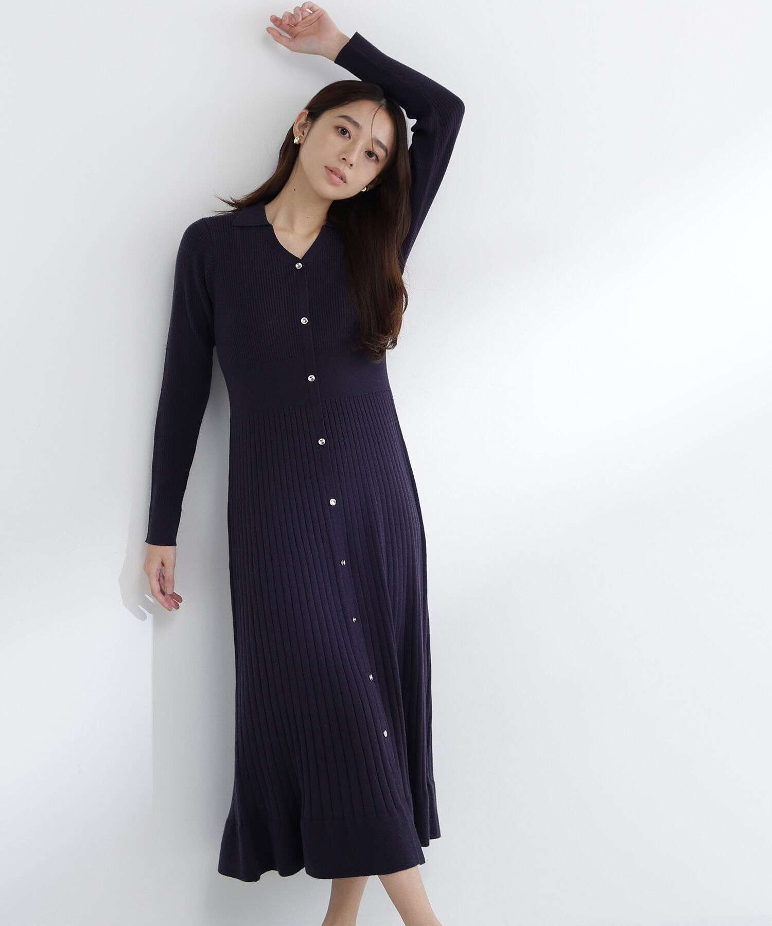  「スキッパーリブニットワンピース」|ワンピース|ネイビー