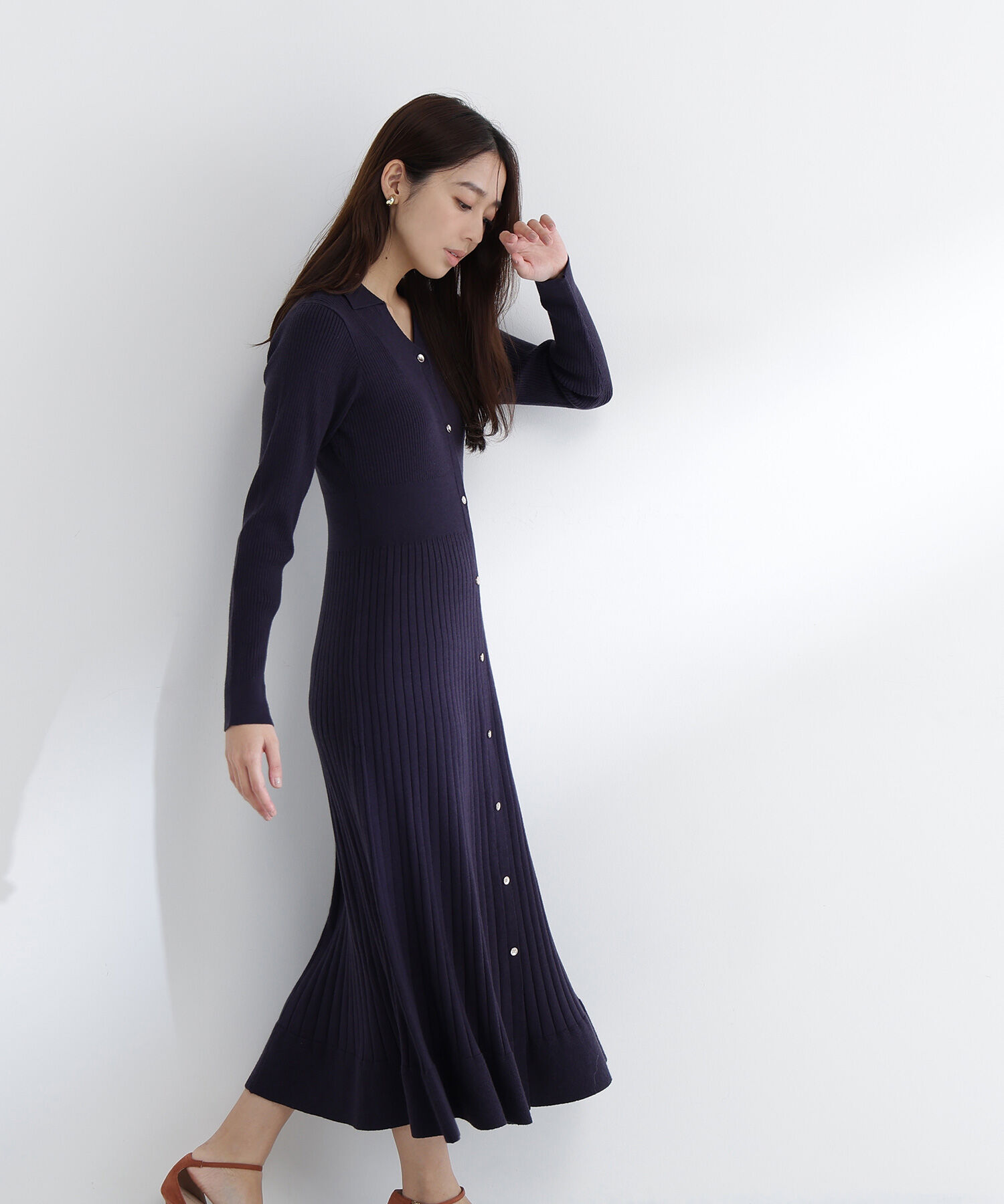  「スキッパーリブニットワンピース」|ワンピース|