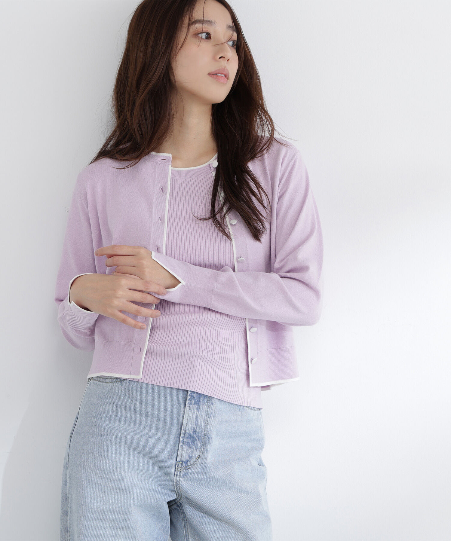  「クルミボタンバイカラーアンサンブル」|ニット・セーター|