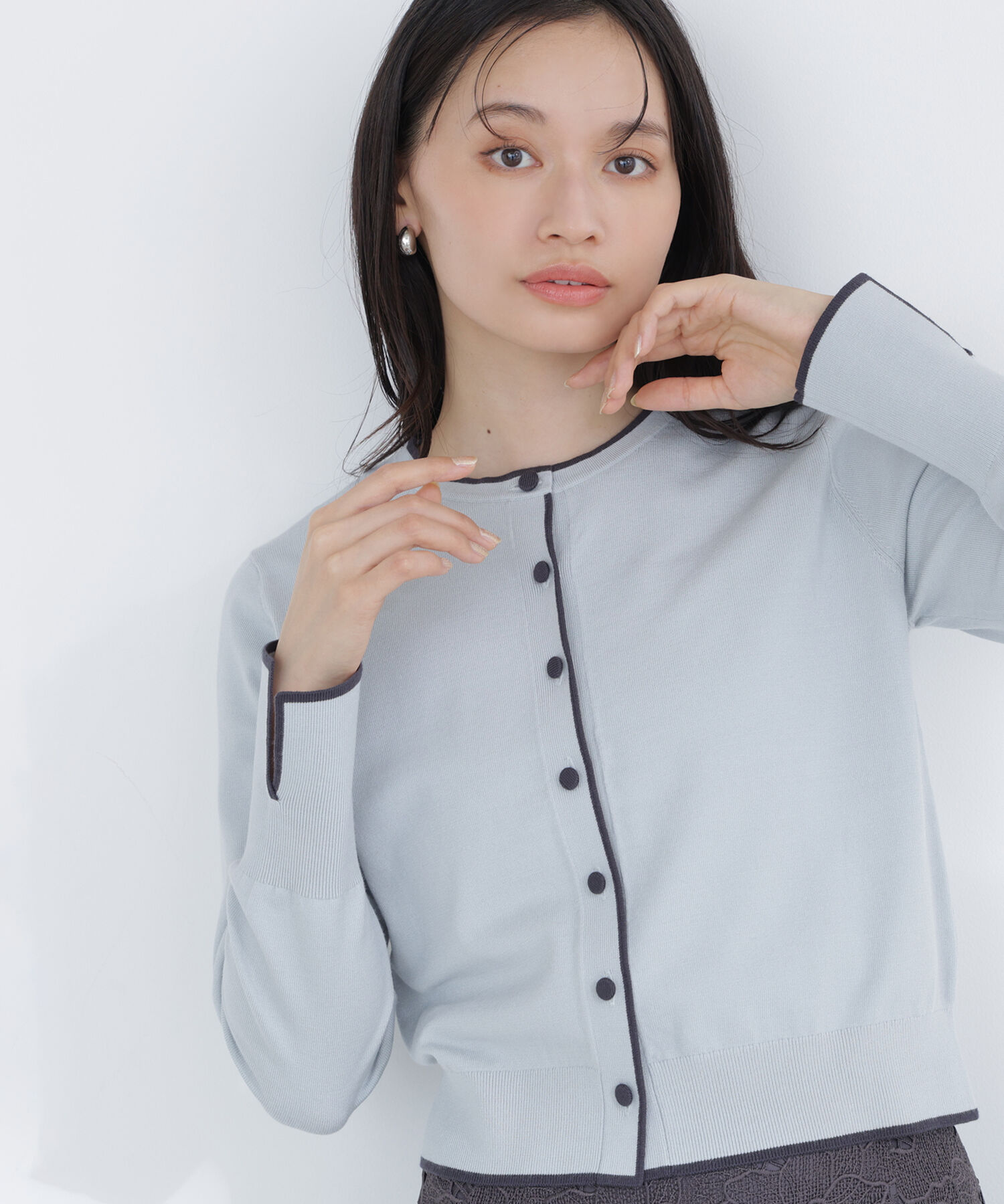  「クルミボタンバイカラーアンサンブル」|ニット・セーター|グリーン系2