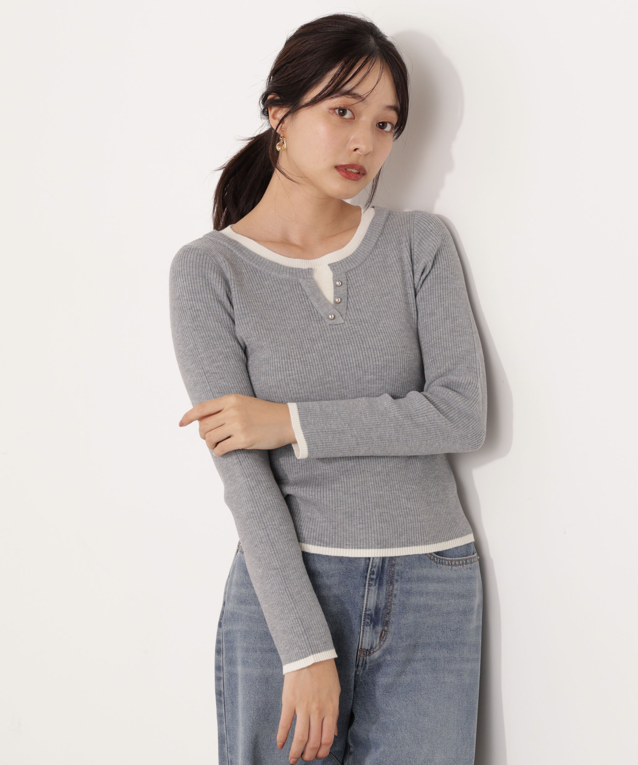 PROPORTION BODY DRESSING「＜ウォッシャブル＞レイヤード風ヘンリーネックニット 25AW」|ニット・セーター|トップグレー 1