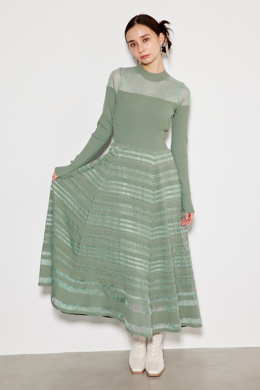 rienda「シアーボーダーフレアKnit OP」|ワンピース|L/GRN1