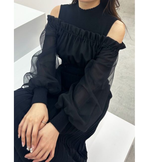 MERCURYDUO「異素材ドッキングオフショルニットワンピース」|ワンピース|ブラック